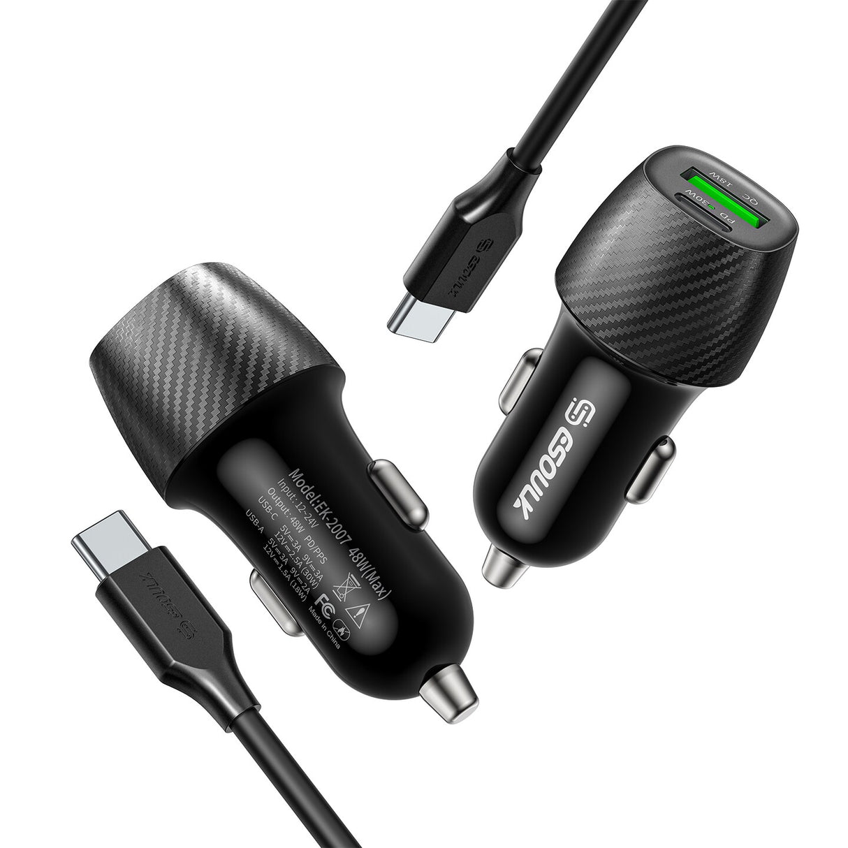 48W Car Charger + 3FT USB-C to USB-C Cable 12/48