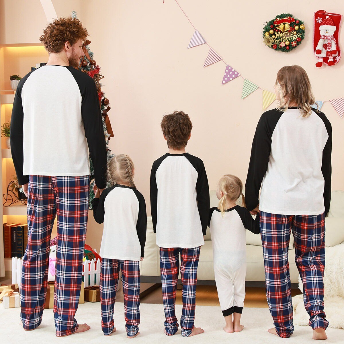 Christmas Outfits Pajamas Sets Plaid Splicing Printed