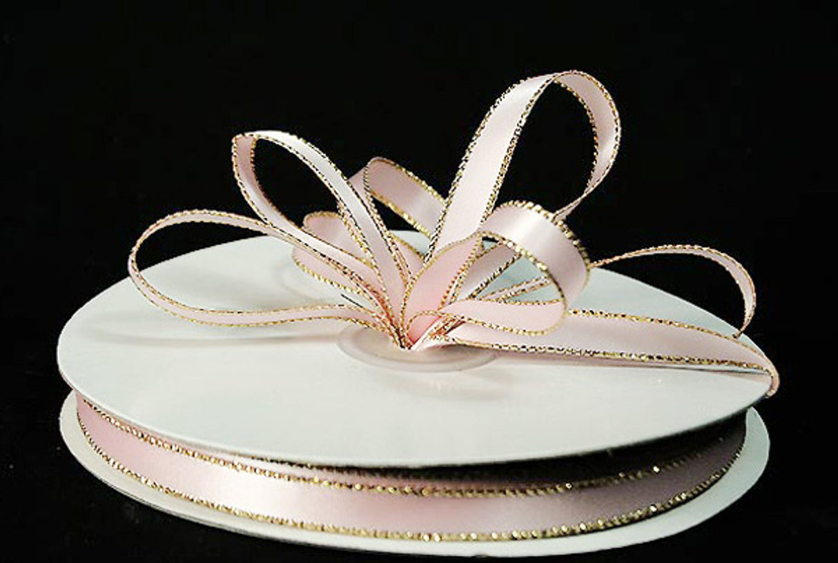3/8"x50 yard Light Pink Satin Gift Ribbon with Gold Edge