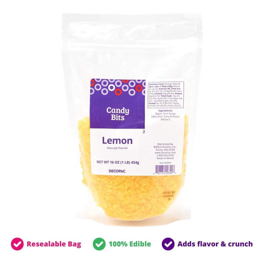 DecoPac Lemon Crushed Candy Bits, Sugar Decorations For Cakes, Toppings, Cupcakes, and Drinks, Yellow, 16oz Pack