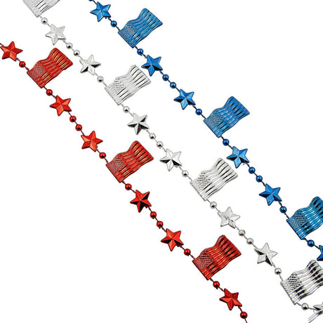 30" Bulk 48 Pieces Patriotic Red, White & Blue USA Flag Beaded Necklaces
