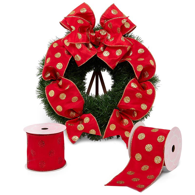 Glitter Dots On Extra Wide Wired Ribbon 4 '' X 10 yd Red Color 1 / ROLL