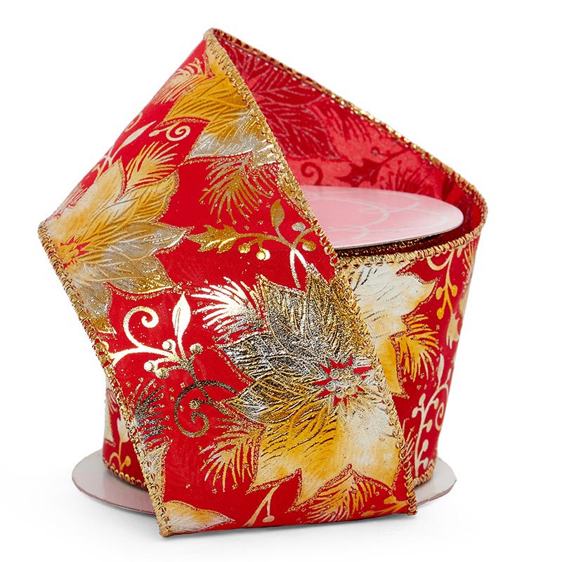 Christmas Poinsettias & Berries On Wired Ribbon 2 1/2 '' x 10 yd Red / Gold Guilded Color 1 / ROLL