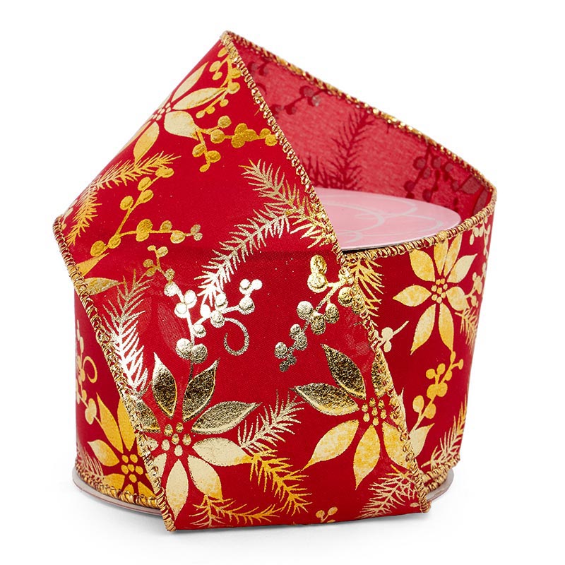 Christmas Poinsettias & Berries On Wired Ribbon 2 1/2 '' x 10 yd Red / Gold Embossed Color 1 / ROLL