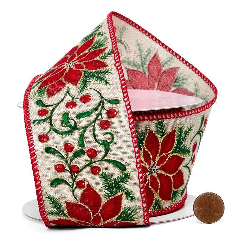 Christmas Poinsettias & Berries On Wired Ribbon 2 1/2 '' x 10 yd Poinsettias & Berries On Linen Color 1 / ROLL
