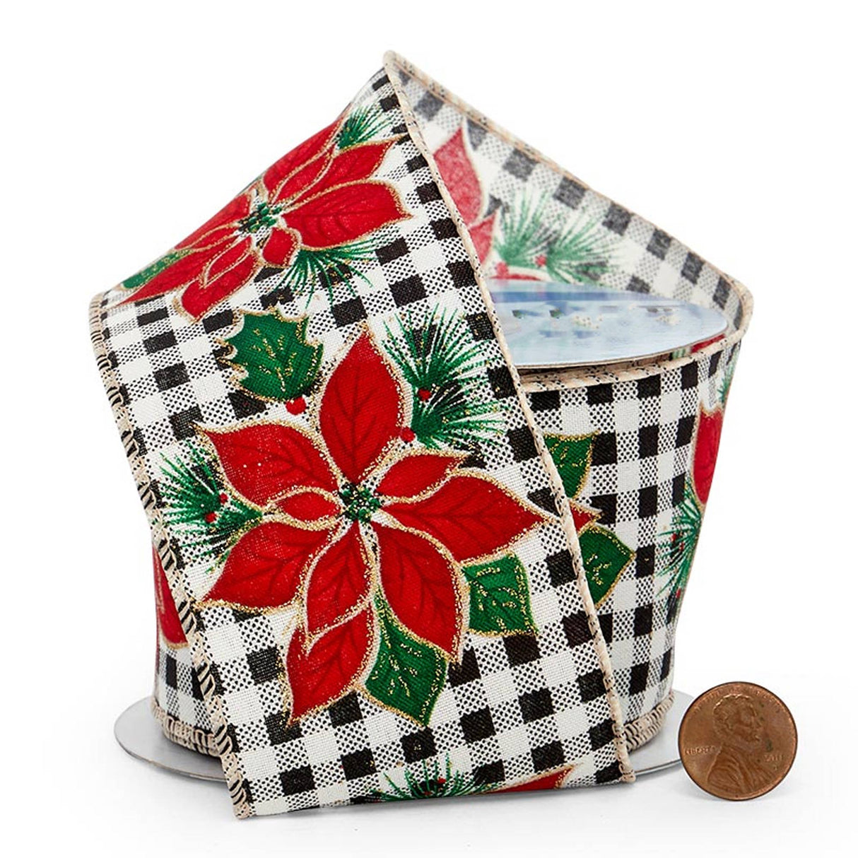 Christmas Poinsettias & Berries On Wired Ribbon 2 1/2 '' x 10 yd Poinsettia On Blue Gingham Color 1 / ROLL