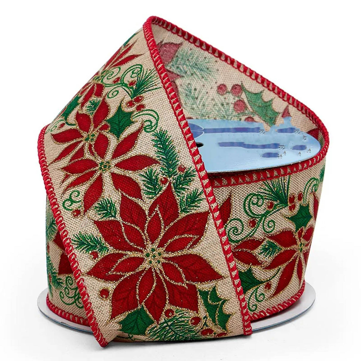 Christmas Poinsettias & Berries On Wired Ribbon 2 1/2 '' x 10 yd Poinsettias & Holly Color 1 / ROLL