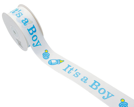 1 1/2"x 25 yards Blue It's a Boy Baby Shower Printed Grosgrain Gift Ribbon