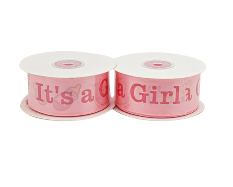 1 1/2" x 25 Yards Pink It's a Girl Baby Shower Printed Satin Gift Ribbon