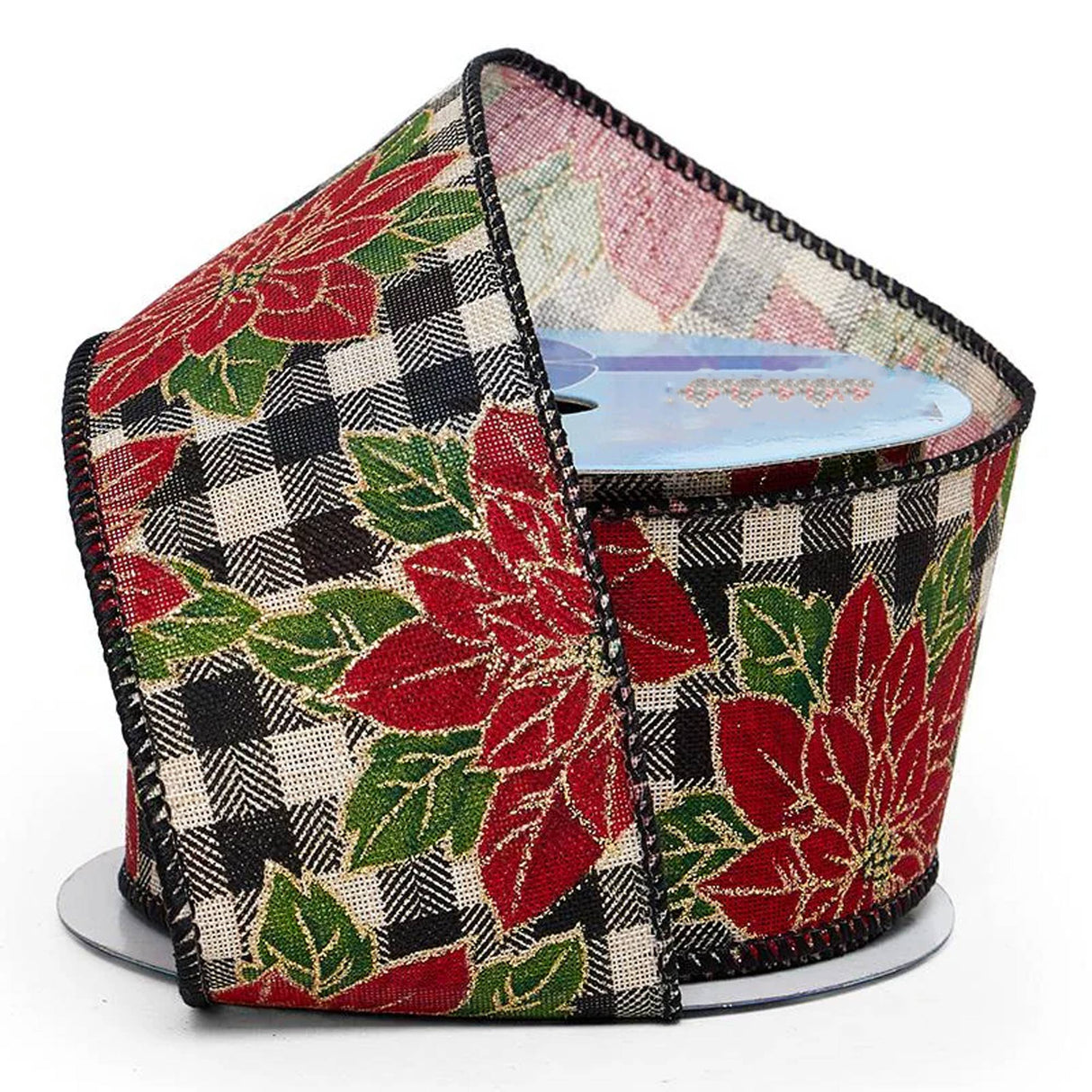 Christmas Poinsettias & Berries On Wired Ribbon 2 1/2 '' x 10 yd Poinsettia On Navy Gingham Color 1 / ROLL